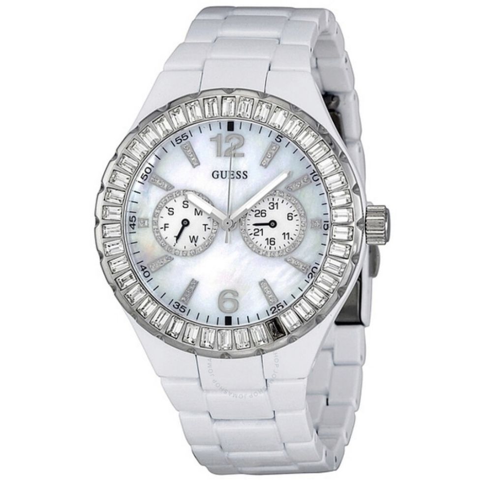 💎Guess White/Mother of Pearl/Swarovski Crystal Emerald Cut Chrono Watch💎